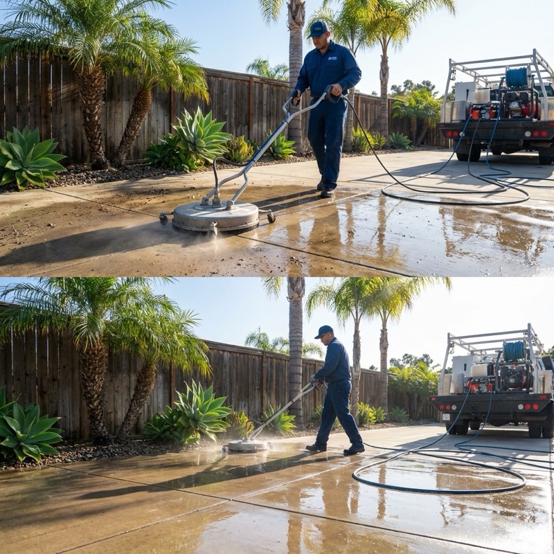 Integrity Pro Washers team member cleaning a patio with professional equipment