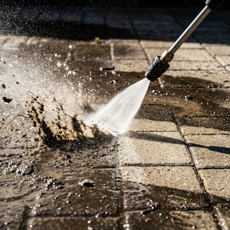 Professional pressure washing a concrete driveway