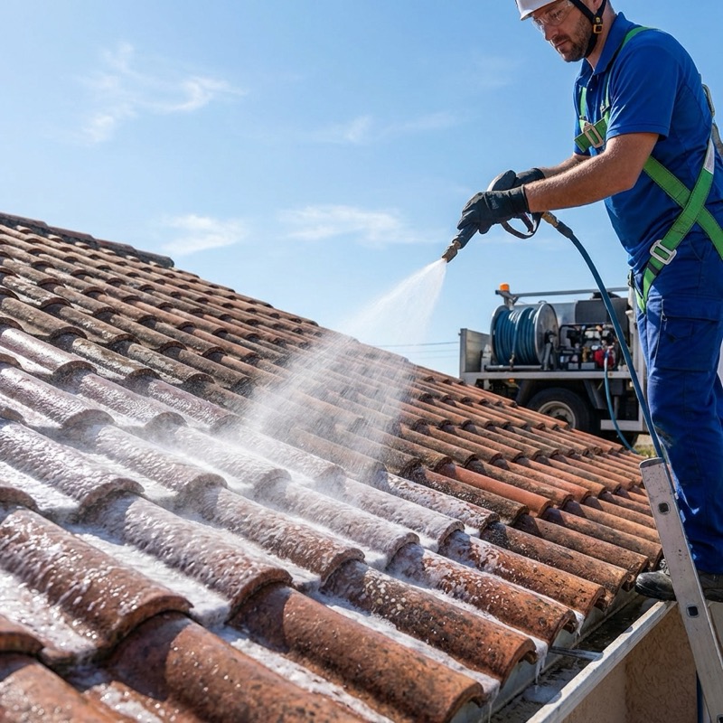 Soft washing a Spanish tile roof