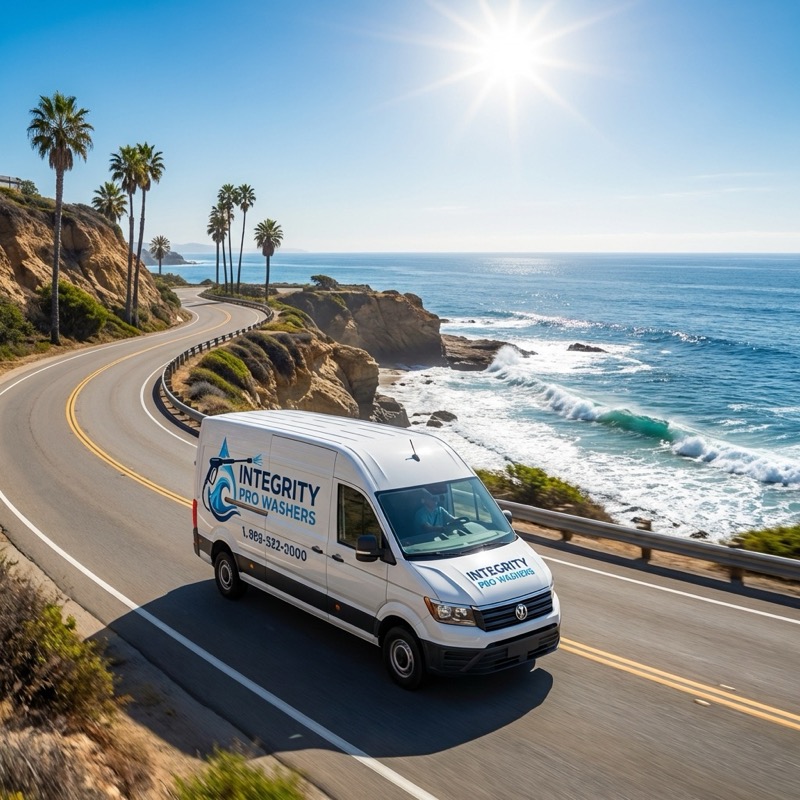 Integrity Pro Washers service van driving along the San Diego coast