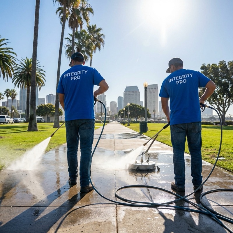 Integrity Pro Washers team cleaning a public park walkway in San Diego